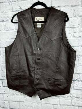Cripple Creek Leather Vest Men’s XL Brown Western Biker Ranch Button Front Vtg